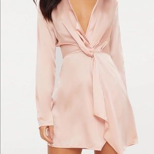 PLT Nude Satin Long Sleeve Dress